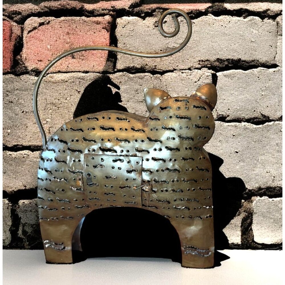Rustic Metal Cat Sculpture With Curled Tail Candle Holder Vintage Bronze Finish - Picture 7 of 10
